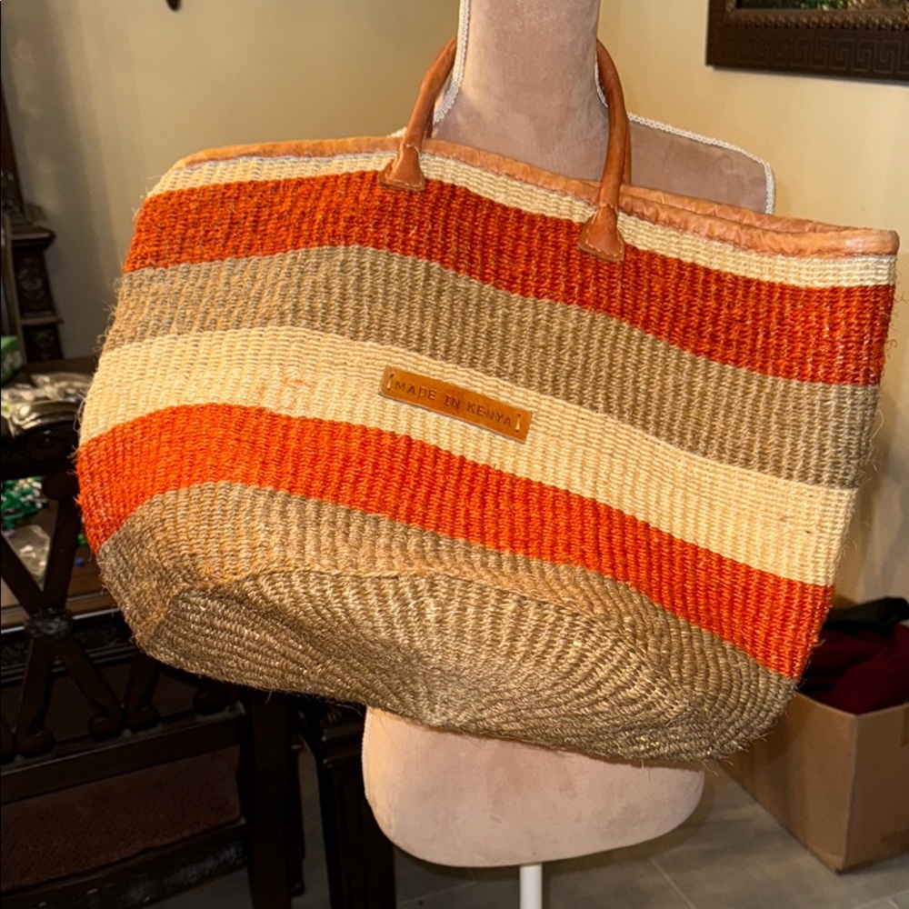Orange and Cream Striped Woven Tote Bag